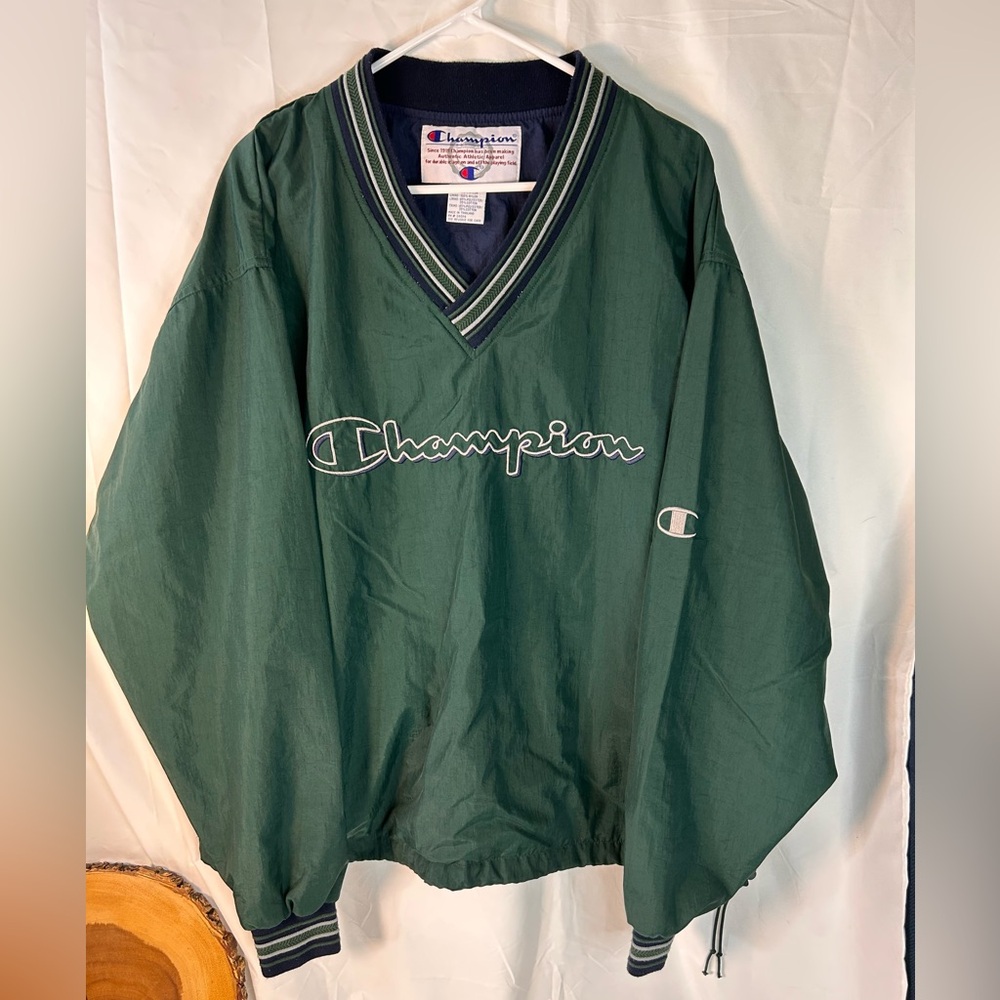 Vintage 1990s Champion green Nylon embroidered pullover windbreaker Size‎ Large